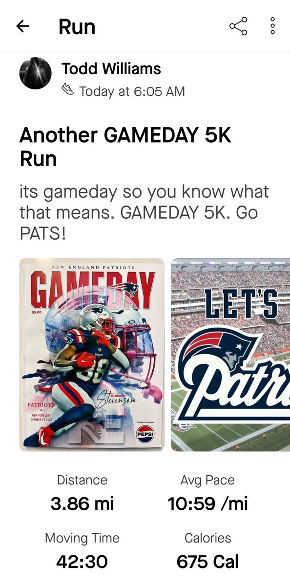 nkeman3's tweet photo. It's GAMEDAY, so you know what that means. GAMEDAY 5K BABY!! LET'S GO PATS!! #ForeverNE #NEPats #GoPats #LFG #LFGPATS #Strava #stravarun #GAMEDAY5K ##Nike #NikeRunningClub #NikeRunning https://t.co/duPI1AM5if