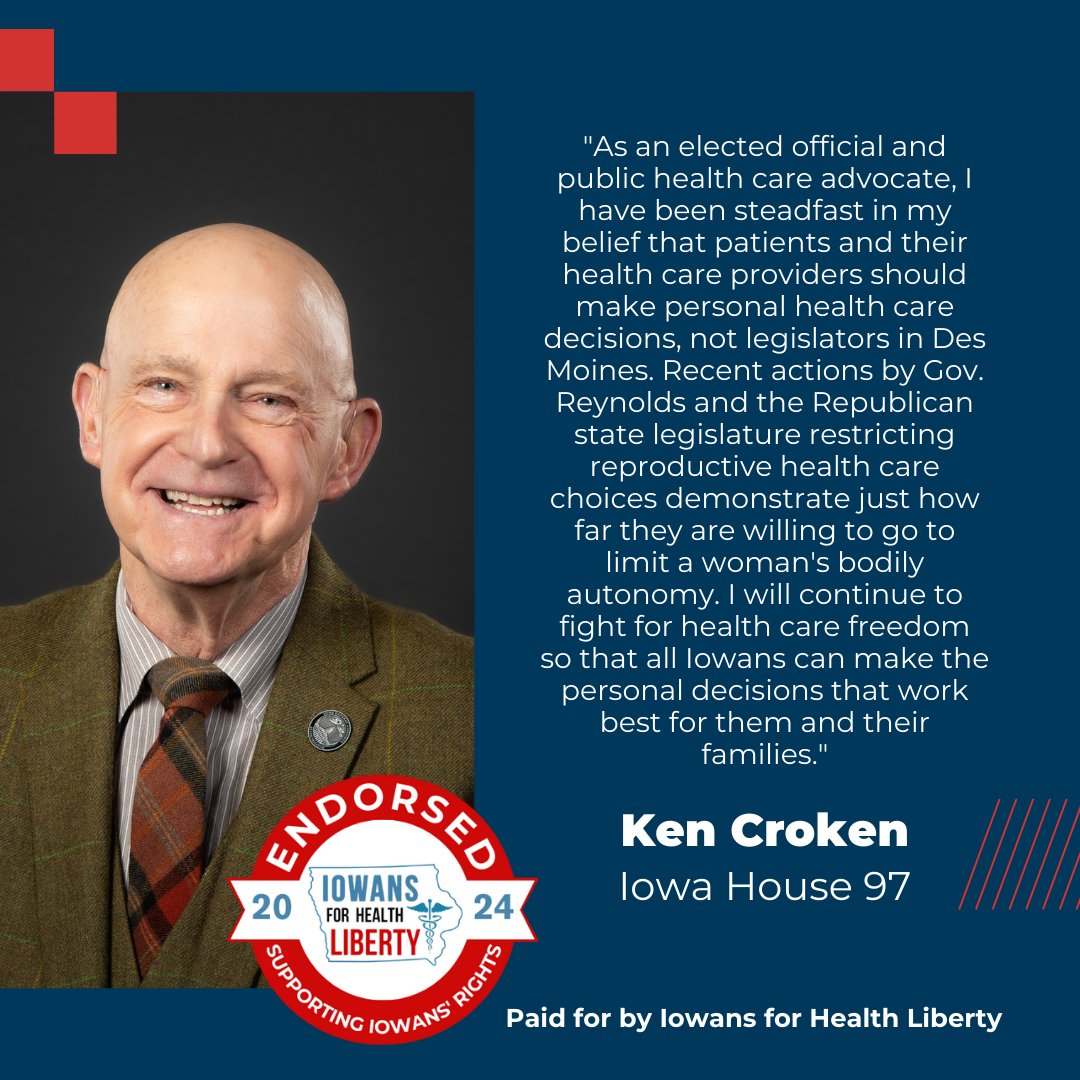 "As an elected official and public healthcare advocate, I firmly believe that healthcare decisions belong to patients and their doctors—not legislators." - Ken Croken

We’re proud to endorse Ken Croken for Iowa House District 97!

iowans4healthliberty.com/donate-to-supp…