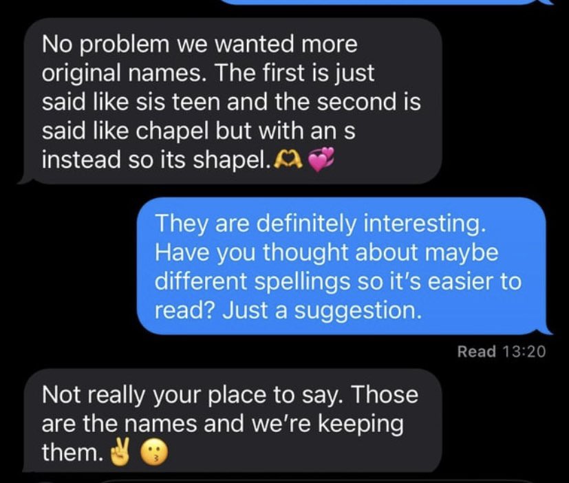 JessPrequel's tweet photo. Naming your kids  “Sixtean” and “Siapell” (pronounced “Sistine” and “Chapel) is legalized child abuse https://t.co/aFflmmnSQ2