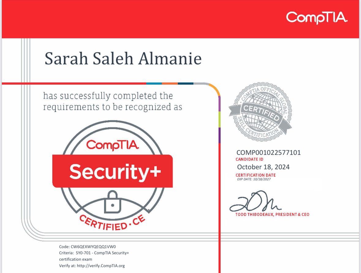 Sarahsecuri's tweet photo. بعد توفيق الله ، الحمد لله أشارككم إنجاز جديد بنجاحي بشهادة
 CompTIA Security+

#security https://t.co/CoeJ2Z8mWO