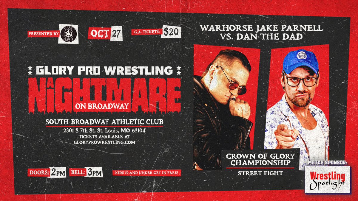 WeAreGloryPro's tweet photo. Today at the historic South Broadway Athletic Club!

A Nightmare on Broadway ft @JPWARHORSE @ThanksDanTheDad @LaynieLuck @Shazza_McKenzie @The__Deliverer @RahimSuede @KidLykos @KidLykosII @collins__philly @MarinoTenaglia + MORE

Doors: 2pm
Bell: 3pm

Presented by @CafePiazzaSTL https://t.co/tlIlp43dsd