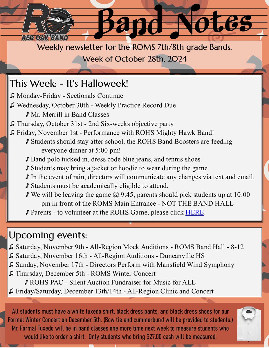 RedOakMSBand's tweet photo. We have almost made it through October and the 2nd Six Weeks! See below for this week's newsletters. 7th/8th grade parents, please pay special attention to information about this Friday's performance with the ROHS Mighty Hawk Band! https://t.co/PNC5YKNzJL