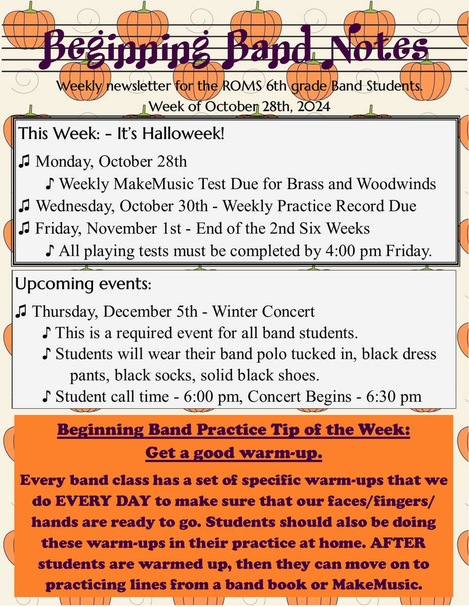 RedOakMSBand's tweet photo. We have almost made it through October and the 2nd Six Weeks! See below for this week's newsletters. 7th/8th grade parents, please pay special attention to information about this Friday's performance with the ROHS Mighty Hawk Band! https://t.co/PNC5YKNzJL