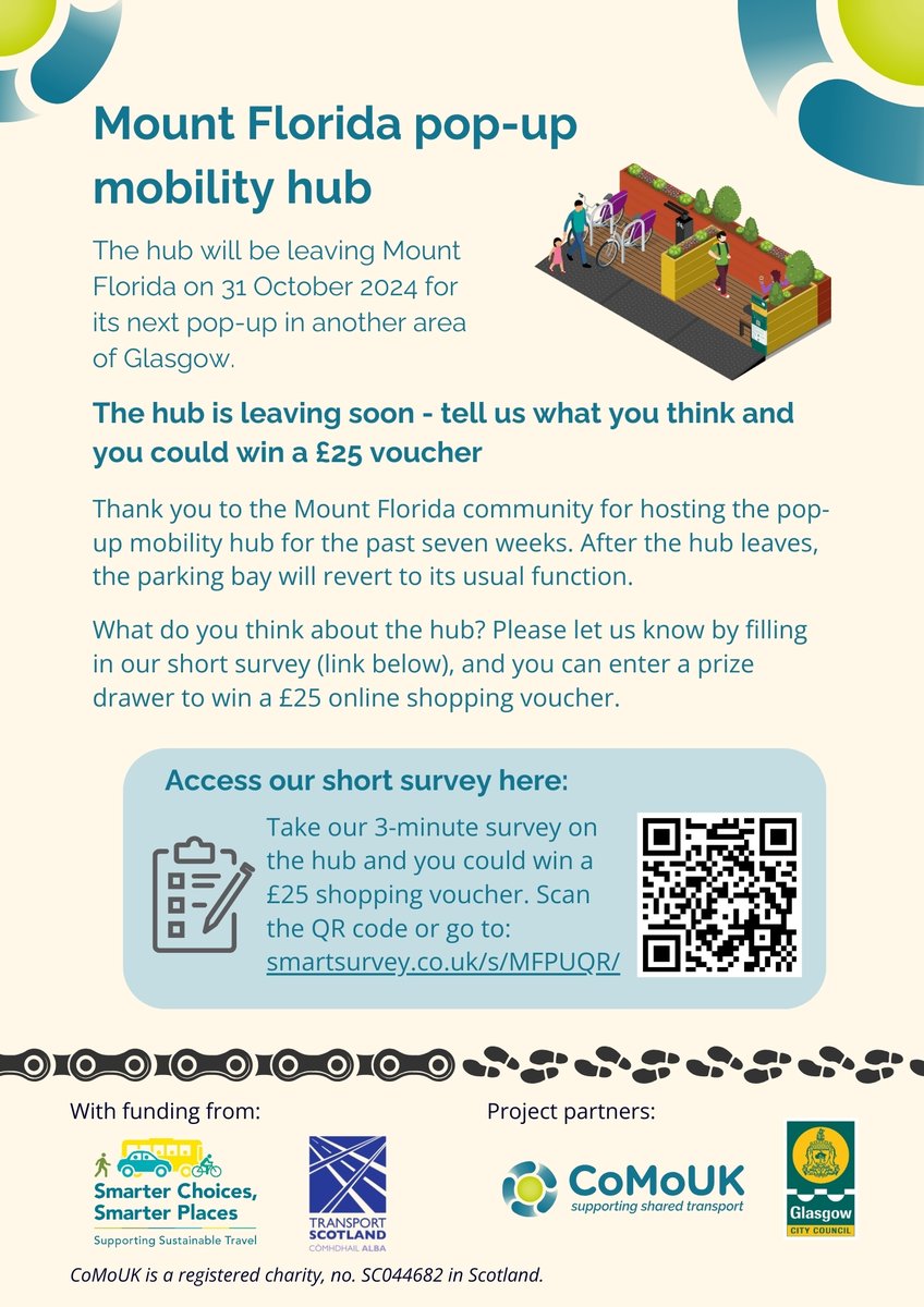 Mount Florida’s pop-up mobility hub is leaving on 31 October for its next pop-up. Before it leaves – take the 3-minute survey on the hub and you could win a £25 online shopping voucher. Take the survey here: smartsurvey.co.uk/s/RT2L7D/
