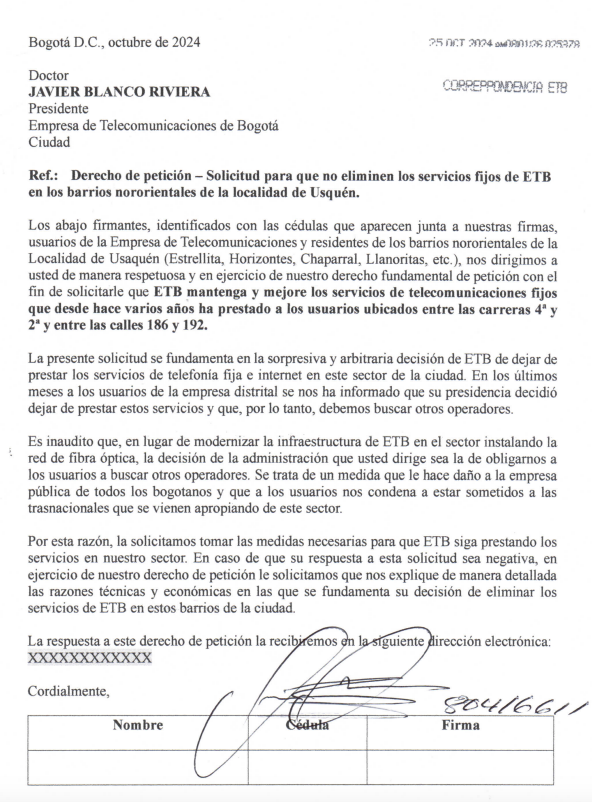 mjsarmientoa's tweet photo. Más de 100 personas de los barrios populares del nororiente de Usquén le exigen a @ETB que no les quite el servicio de internet y no los obligue a pasarse a otros operadores. ETB está haciendo esto en toda la ciudad, política calculada para marchitar la empresa. @CarlosFGalan https://t.co/azpRJQ8I12