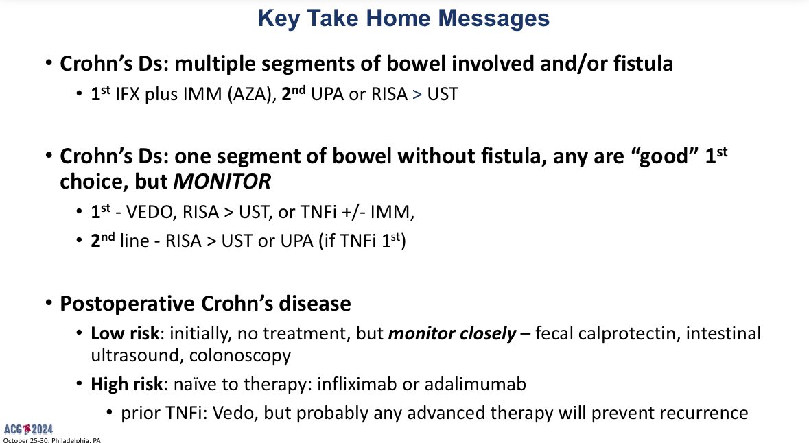 Carl Kay, MD (@carlkaymd) on Twitter photo Pearls of Crohn’s Disease Management from <a href="/MRegueiroMD/">Miguel Regueiro</a>
▪️Crohn’s + multiple segments +/- fistula
➡️IFX + IMM
▪️Crohn’s in 1 segment without fistula
➡️1st: VDZ, RIS > UST, or TNFi +/- IMM
▪️Post-operative Crohn’s
➡️High risk: TNFi or VDZ (if prior TNFi)
#ACG2024 Pearls of Crohn’s Disease Management from <a href="/MRegueiroMD/">Miguel Regueiro</a>
▪️Crohn’s + multiple segments +/- fistula
➡️IFX + IMM
▪️Crohn’s in 1 segment without fistula
➡️1st: VDZ, RIS > UST, or TNFi +/- IMM
▪️Post-operative Crohn’s
➡️High risk: TNFi or VDZ (if prior TNFi)
#ACG2024