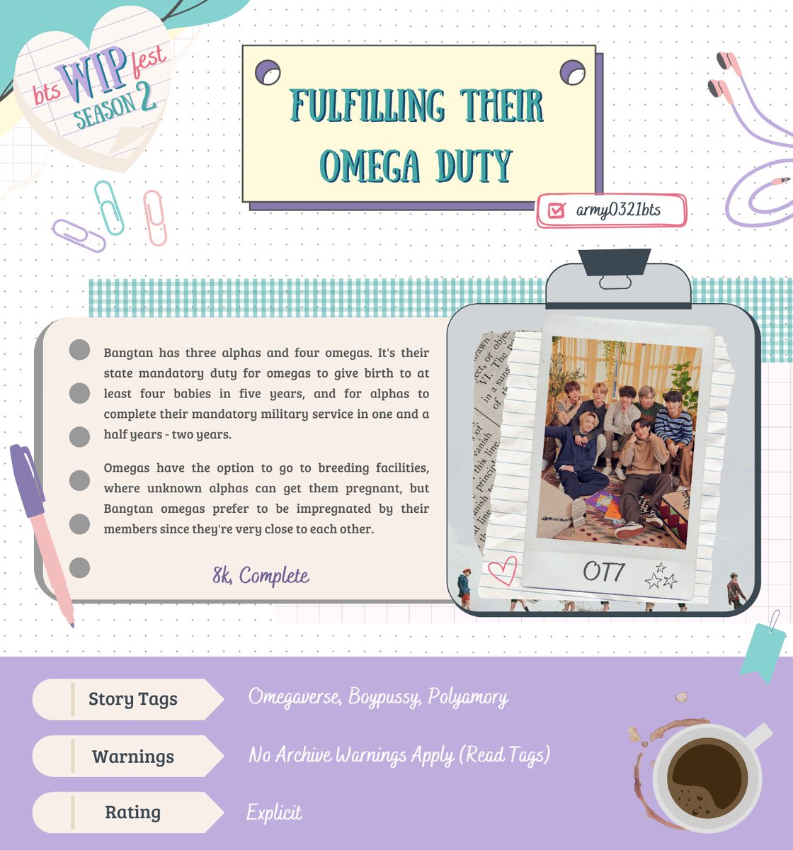 BTSWipFest's tweet photo. Fulfilling Their Omega Duty

by @AudreyG778666
AO3: army0321bts

#OT7 
🐺 Explicit 🔞
🐺 Complete
🐺 Omegaverse, B0ypu$$y, Polyamory
⚠️ Read tags

📒 https://t.co/pvC810slOR

#BTSWipFest https://t.co/BV0mIZ4FdO