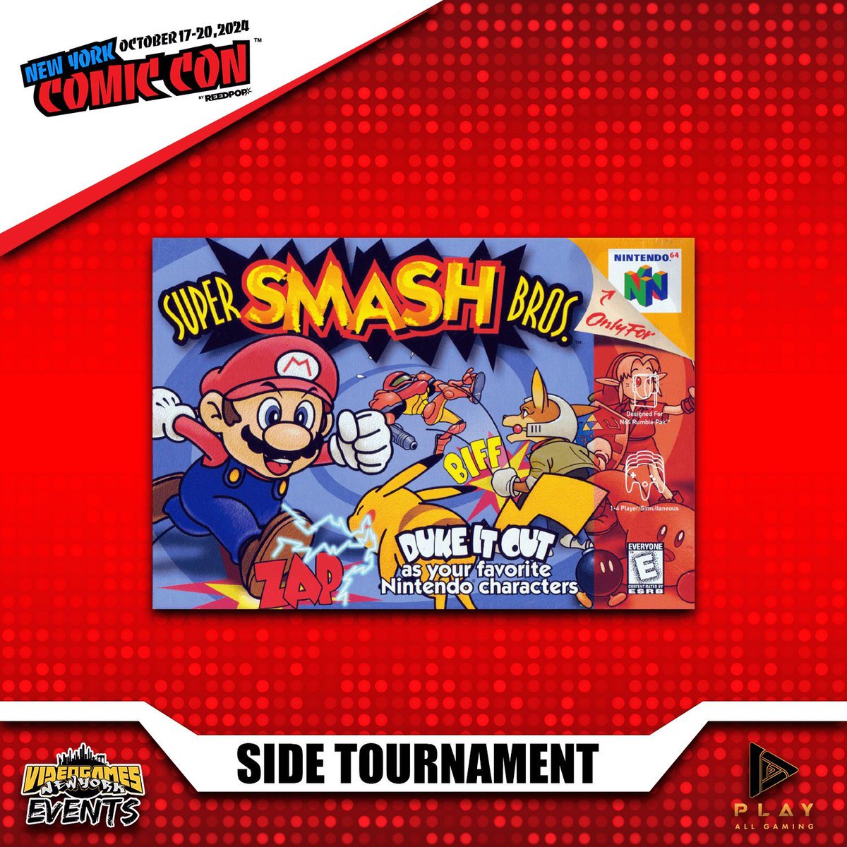 VGNYevents's tweet photo. Taking it back to the late 90's, we've decided to host a tournament for the very original #SuperSmashBrothers on the N64 during #NYCC24 weekend. The slower methodical action proved to be too much for everyone except the winner, #JJgamerKevin11!

#NYCFGC #FGC #VGNYevents #SSB #N64 https://t.co/EbzYrT4nai