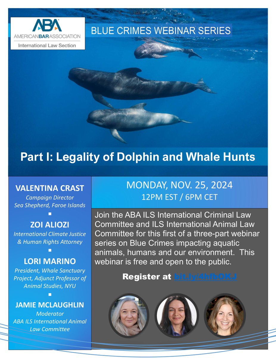 Join us for the "#Blue #Crimes &amp; the Impact on #Aquatic #Animals" #webinar on Nov 25, 2024

🌊 We'll discuss the #legality of #dolphin &amp; #whale #hunts &amp; the effects on #marine #ecosystems

👉Register lnkd.in/dvU755rF

Let’s unite for #OceanProtection &amp; #ClimateJustice!🐬💙