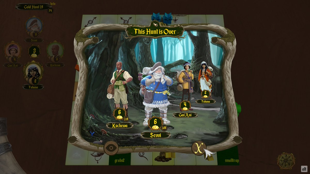 DemaalStudios's tweet image. Pity the Kochewa pack in 2nd place. Same number of gold nuggets as the 1st-place Sevvi but lost because Sevvi brought the gold to the camp later in the game, winning by the &quot;combined rounds&quot; tiebreaker.
#Tactics matter!

#ScreenshotSaturday #BoardGame #IndieGame #TabletopGaming