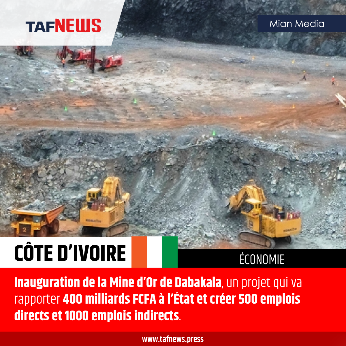 TAFNews_'s tweet photo. #Côte d’#Ivoire : Inauguration de la Mine d’Or de Dabakala, un projet qui va rapporter 400 milliards FCFA à l’État et créer 500 emplois directs et 1000 emplois indirects.

Lisez l'article complet sur notre site internet : https://t.co/tSnK82Cwb5

#Finances #Economie #News https://t.co/0YYoi4fQGm