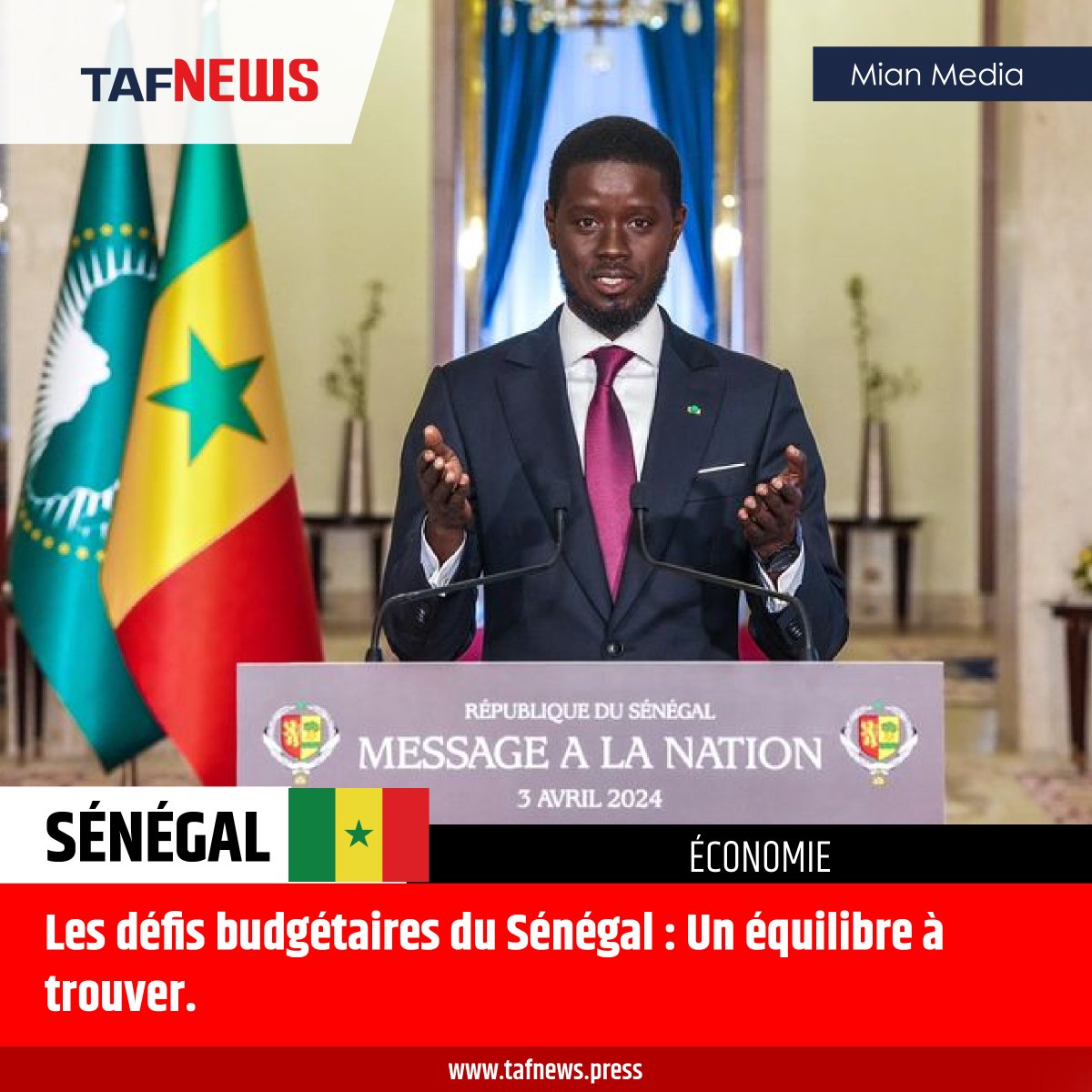 TAFNews_'s tweet photo. Les défis budgétaires du #Sénégal : Un équilibre à trouver.

Lisez l'article complet sur notre site internet : https://t.co/fke5Lsl4JI

#Finances #Economie #News #Afrique https://t.co/5oiHjd7nrS