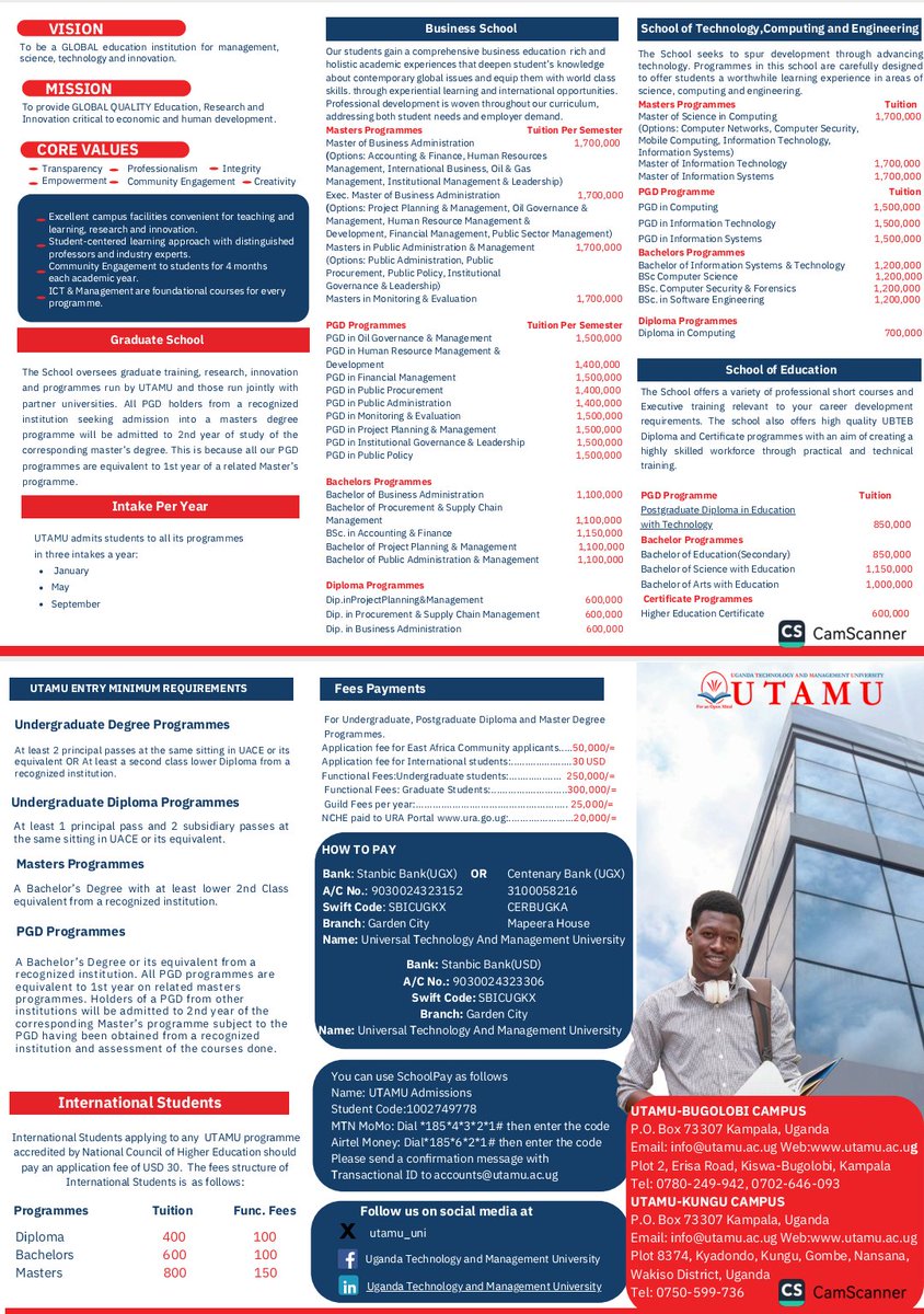 Discover excellence at UTAMU and take the first step toward a brighter future. Your dreams are within reach, and we're here to help you achieve them.

Graduate link: utamu.ac.ug/admissions/app………     

Undergraduate link: utamu.ac.ug/admissions/app………

<a href="/utamu_uni/">UTAMU</a> <a href="/baryamureeba/">Prof. V Baryamureeba</a>