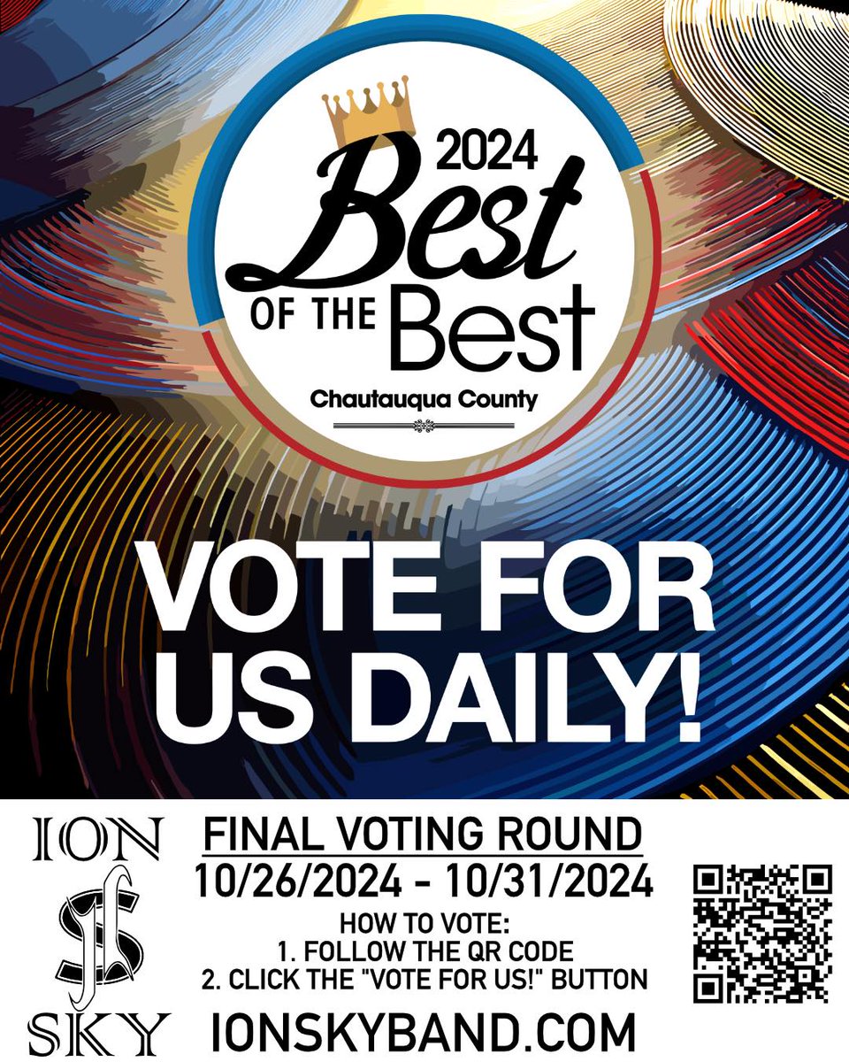 IonSkyBand's tweet photo. Help us reach #1 for the 2024 Best of the Best Contest for the Best Local Band in Chautauqua County for The Post-Journal and The Observer.   You can vote once a day,  every day, October 26th - the 31st. Vote, #IonSky
https://t.co/iHmD59hgbH

@bradleyjheath @TaraLynnGraves https://t.co/iFirLen7XA