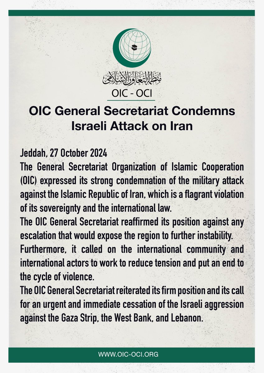 OIC_OCI's tweet photo. OIC General Secretariat Condemns Israeli Attack on Iran: https://t.co/EiTt7kyHxy https://t.co/lrDvlnMeev