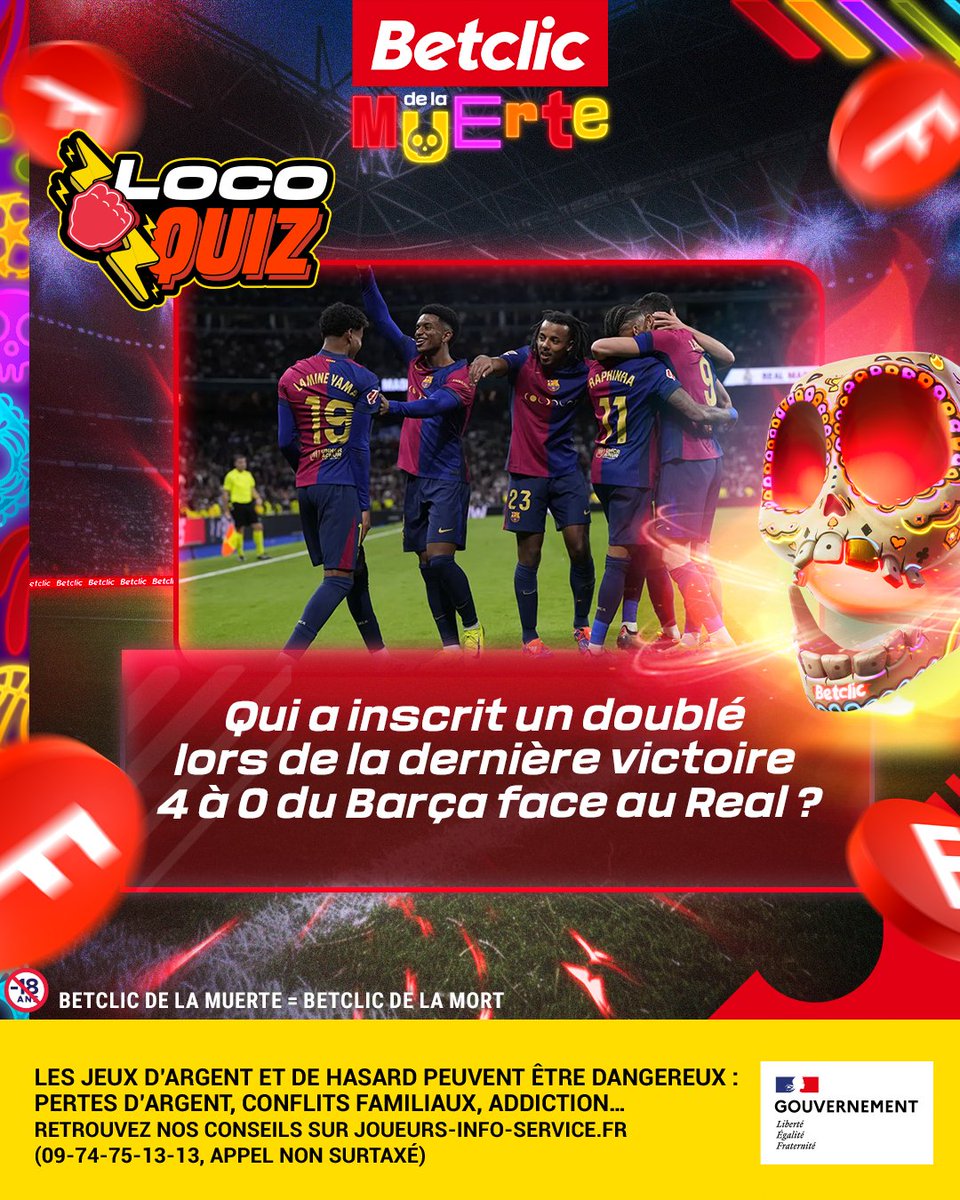 Les Barcelonais mangent biiiiien en ce moment ! 🍗

10 x 30€ de Freebets* à gagner pour vibrer devant cette BIG journée la team ! 👊

🔥 RT + Like
👇 Donne ta réponse + #BetclicDeLaMuerte
🍀 TAS à 15h