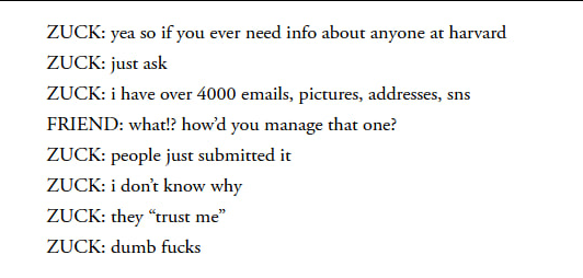 thinking about zuckerberg's 2004 DMs talking about facebook with his college friend