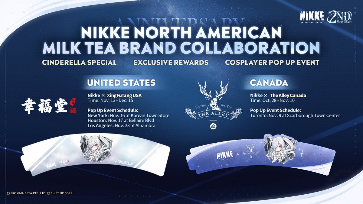 NIKKE_en's tweet photo. 【NIKKE North American Milk Tea Brand Collaboration】

GODDESS OF VICTORY: NIKKE very first milk tea collaboration is here! 🎉 

This time, we're bringing two times the happiness, in two different countries! 

🇺🇸 NIKKE x XingFuTangUSA
🇨🇦 NIKKE x TheAlleyCanada

Get your Cinderella Special, exclusive rewards and keep a lookout for our Cosplayer Pop Up event! ✨ 

See you there!

#NIKKE
#NIKKE2ndAnniversary