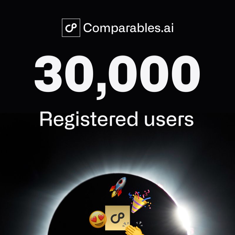 ComparablesAI's tweet image. 🎉 30,000+ and growing! 🚀

Over 30K professionals trust Comparables.ai to accelerate their company &amp;amp; market analysis. From finding 110% more relevant companies to reducing research time by 95%, we’re transforming how experts work. Ready to join? 🙌 #MarketResearch #M&amp;amp;A