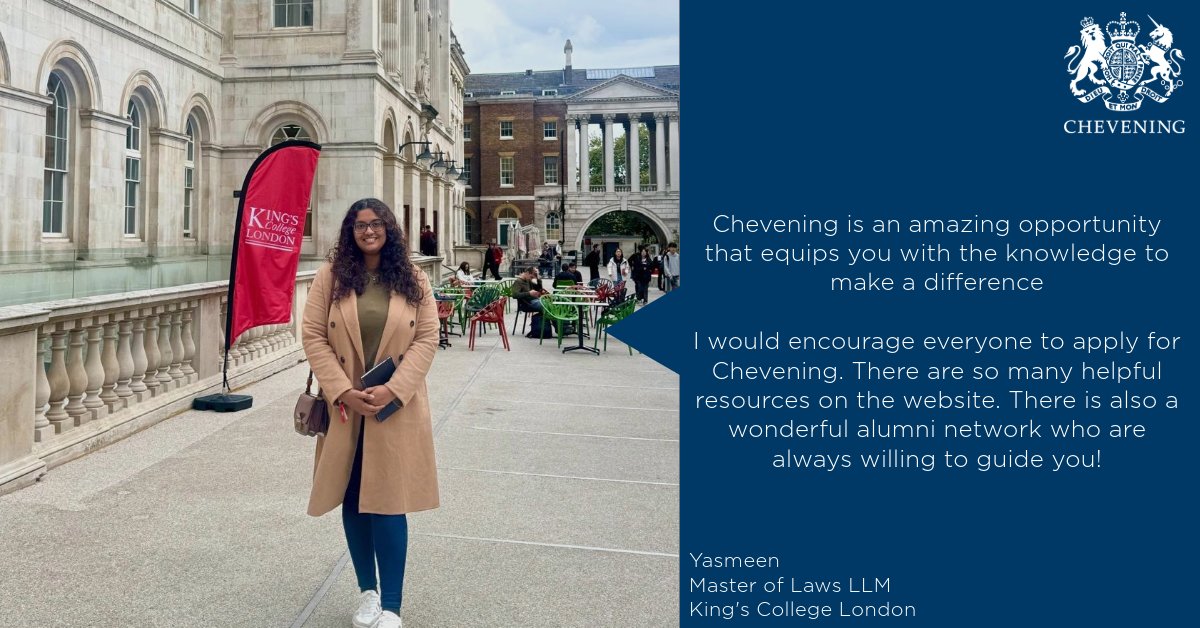 UKinMaldives's tweet photo. 🌍 Meet Yasmeen, pursuing a Master of Laws (LLM) at @KingsCollegeLon

With so many world-class universities to choose from, whatever your field of study, you’ll gain an exceptional education in the UK, through a #Chevening scholarship

Apply today: https://t.co/eNMWctjeqX https://t.co/eklHbG3MxK