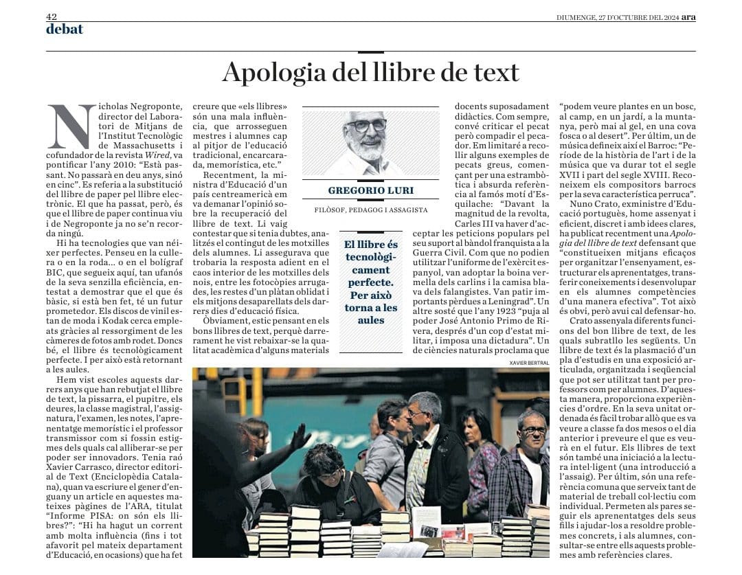 xaviercapicua's tweet image. Gràcies per l&apos;article i per la citació, @GregorioLuri . El llibre educatiu pot ser tot el que diu, i també pot ser una obra bonica, original, cuidada, interessant... com qualsevol altre llibre.