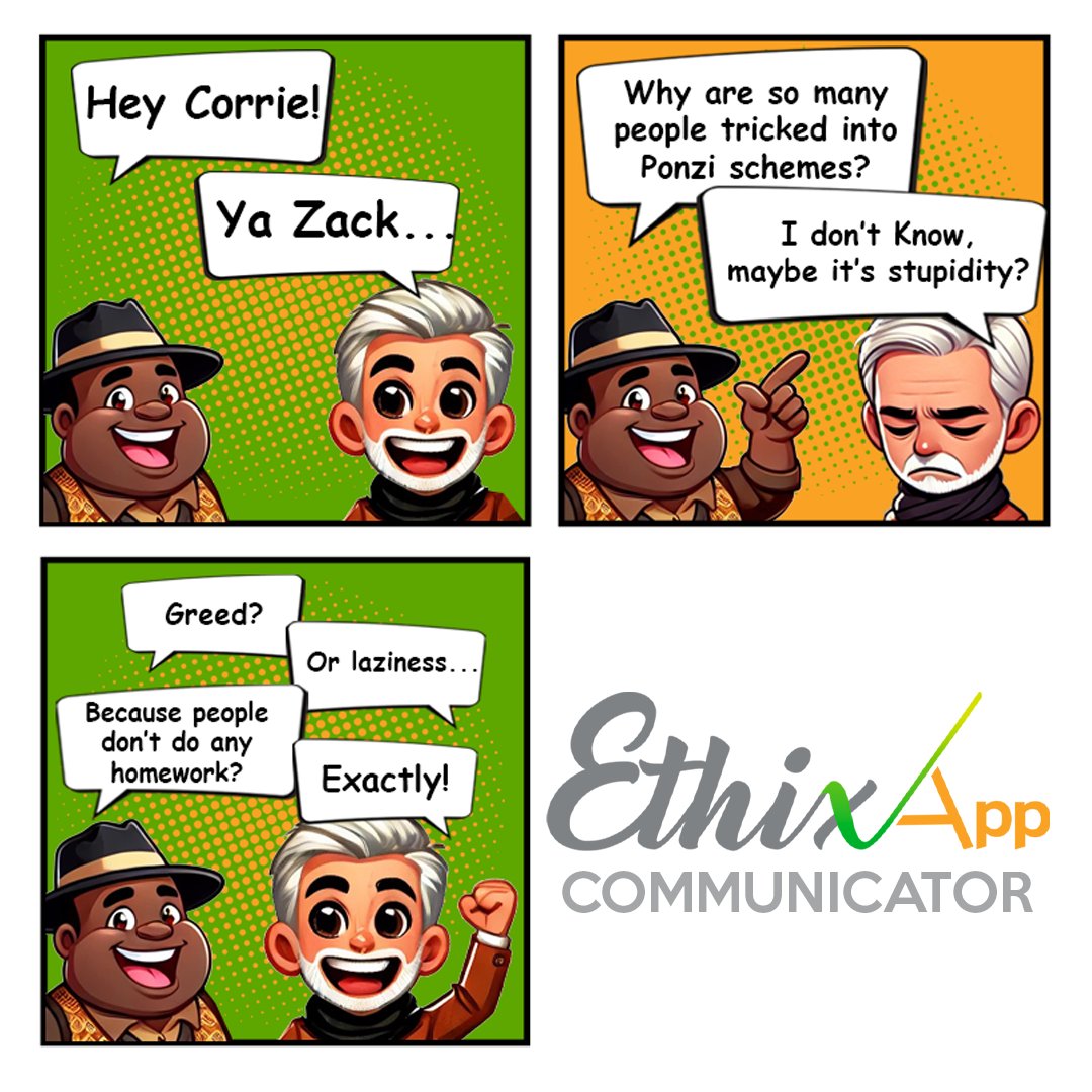 A Ponzi scheme is an investment fraud that pays existing investors with funds collected from new investors. For more information on the EthixApp Communicator, please contact brendang@ethix.app or visit our website ethix.app 

#ethixapp #communicator #PonziScheme