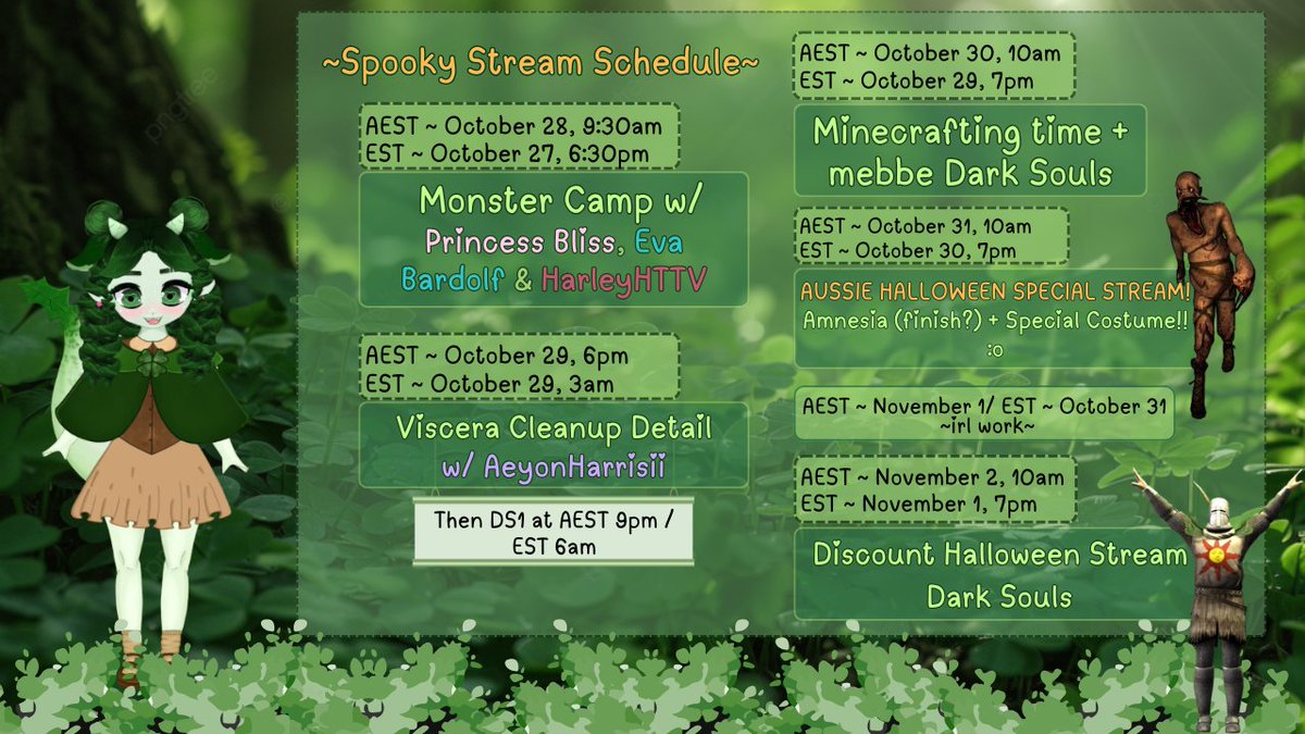 Check out the spooky activities I've got planned this week on stream! Don't miss my special Halloween Stream on EST 30th November at 7pm - I have a special costume! 👻🎃🍬🍭
Collabs with <a href="/PrincessBlissVT/">BLISS 🌸🦄✨ VTUBER</a> <a href="/EvaBardolf/">Eva Bardolf 🐏🪓 envtuber</a> <a href="/Harleyhttv/">Harley</a> <a href="/AeyonHarrisii/">Aeyon Harrisii ☣️💜 Tasmanian Devil VTUBER</a> 💚