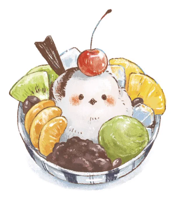 シマエナガとあんみつ#イラスト #シマエナガ 