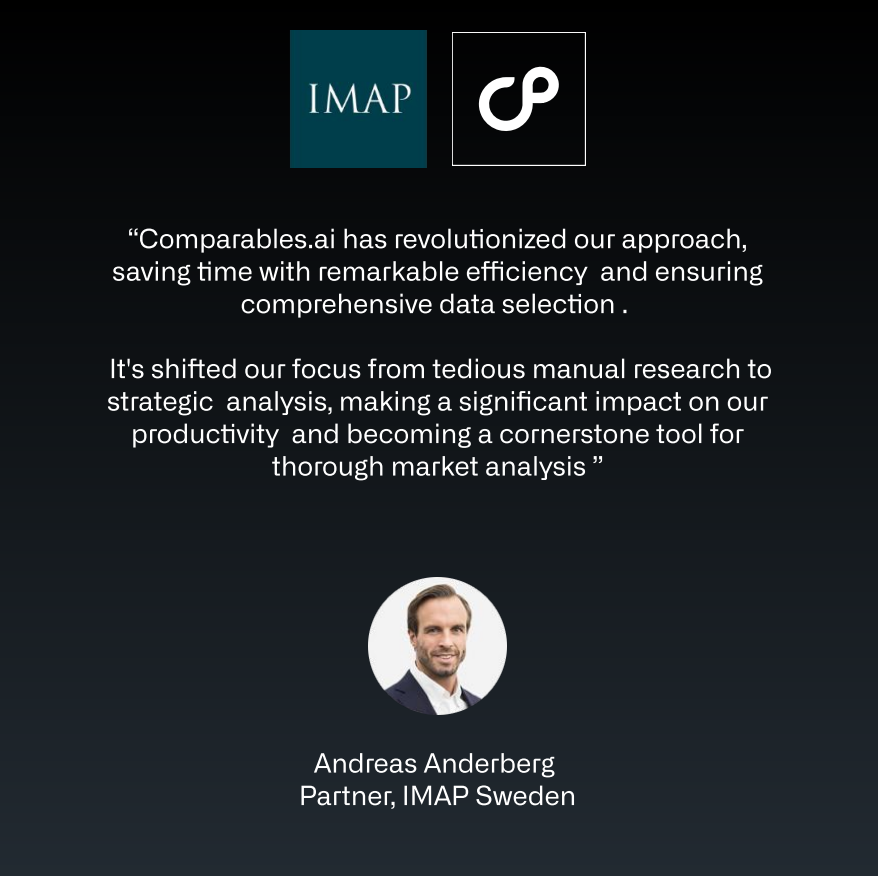 ComparablesAI's tweet image. Excited to share IMAP Sweden’s success with Comparables.ai! By leveraging our platform, they achieved faster research, comprehensive data, and cost savings.

&quot; has become a cornerstone tool for thorough market analysis.&quot; 
#fintech #AI #markets