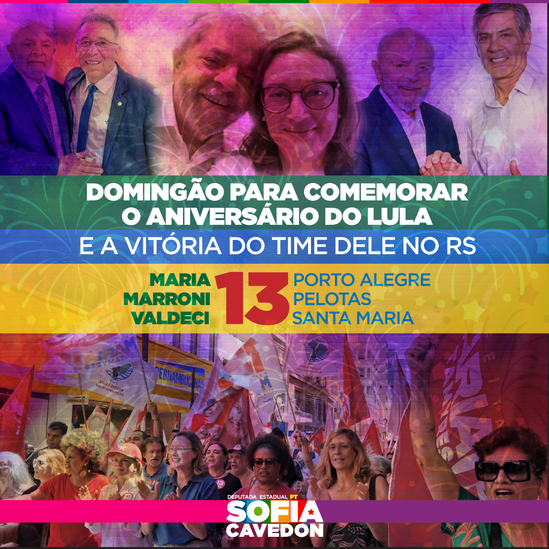Hoje é o dia do Lula e de votar 13!❤️

Parabéns presidente Lula, que neste dia de aniversário o presente seja de todos e todas elegendo no #RS o 13 com <a href="/mariadorosario/">Maria do Rosário</a> Prefeita de #PortoAlegre, <a href="/Valdeci13RS/">Valdeci Oliveira</a> Prefeito de #SantaMaria e <a href="/fernandomarroni/">Fernando Marroni</a> Prefeito de #Pelotas!

Um bom