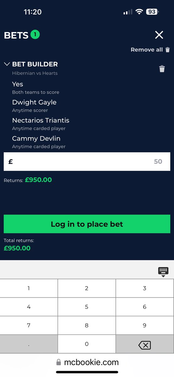 The_Tman10's tweet photo. After a stonking #McBetBuilder came up last week and @McBookie gave someone £1300 in cash i will have a go today on a 18/1 shot. BTTS Gayle to score anytime Triantis & Devlin to get carded. If this stoats someone will get £950 in CASH. Just share/retweet and give @McBookie a follow to be in the hat. Good luck. 🤞🏻👍🏻
