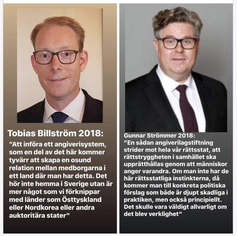 IngvarBa's tweet photo. Ska vi förmoda att Billström och Strömmar inom sig ännu anser det de sa 2018 om angiverilagar. Det är svårt att se nån större ynkedom än denna helt omotiverade omsvängning. Det handlar om total hållningslöshet för maktens skull. Fullt i nivå med Kristerssons svek mot Hédi Fried. https://t.co/TLaQvlcRNp