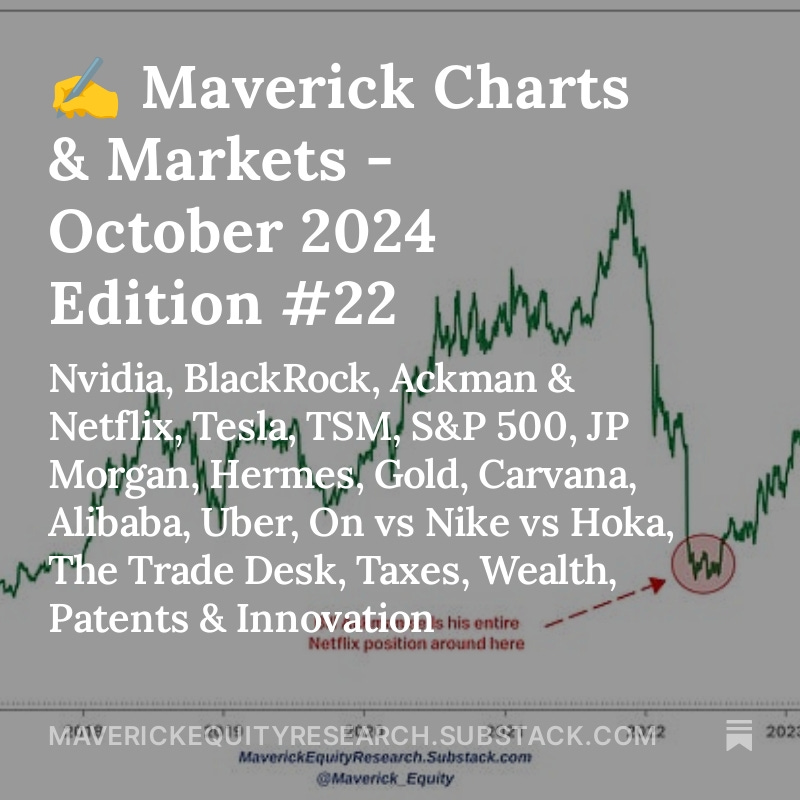 Maverick_Equity's tweet photo. ✍️ Maverick Charts & Markets - October 2024 Edition #22  is live! October’s 20 charts + 5 bonus that I carefully cherry picked. Check it & share around!

👉This edition covering: Nvidia, BlackRock, Ackman & Netflix, Tesla, TSM, S&P 500, JP Morgan, Hermes, Gold, Carvana, Alibaba, Uber, On vs Nike vs Hoka, The Trade Desk, Taxes, Wealth, Patents & Innovation

👉 delivery in typical Maverick fashion: charts that say 10,000 words covering Macro, Stocks, Bonds & more which also naturally connects the Geopolitics dots

Enjoy, cheers!

#Stocks #Equities #Investing #Finance #Economics
$NVDA $BLK $NFLX $TSM $SPY $VOO $JPM $CVNA $TSLA $BABA $UBER $RMS $OnOn $NKE $DECK $TTD #wealth #taxes #innovation #patents #China