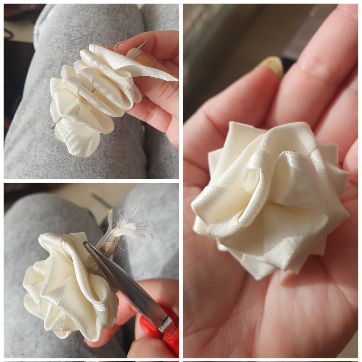 Need lots of ribbon flowers for my coat. It's not got a lining so I'm not doing ribbon embroidery but making flowers then sewing on. At least that was plan. Tried following an 'easy ribbon flower tutorial',failed. Don't want to use hot glue so thought threading would be perfect.