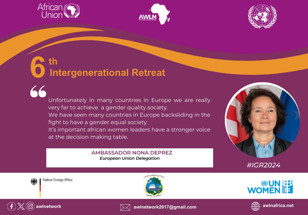 AWLNetwork's tweet photo. "It’s important African women leaders have a stronger voice at the decision making table"
- H.E. Amb Nona Deprez, European Union Delegation remarks at the 6th Intergenerational retreat https://t.co/RDqCzdd8W8