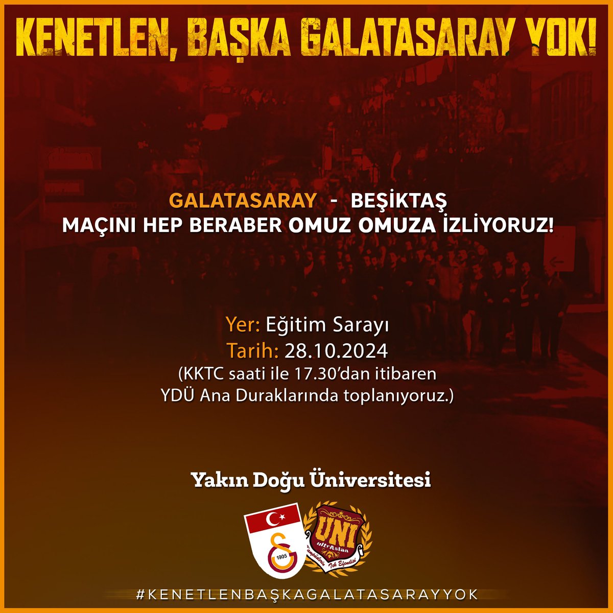 İNLEYEN NAĞMELER RUHUMU SARDI!

#GALATASARAY’IMIZIN jimnastik kulübü ile oynayacağı maçı hep beraber omuz omuza izliyoruz. 

🗓️ 28.10.2024 
🕣 19:00(KKTC saati ile)
📍Eğitim Sarayı

(17:30 dan itibaren YDÜ Ana duraklar önünde toplanıyoruz.)

#uAUNIYakınDoğu
#KıbrısBölge