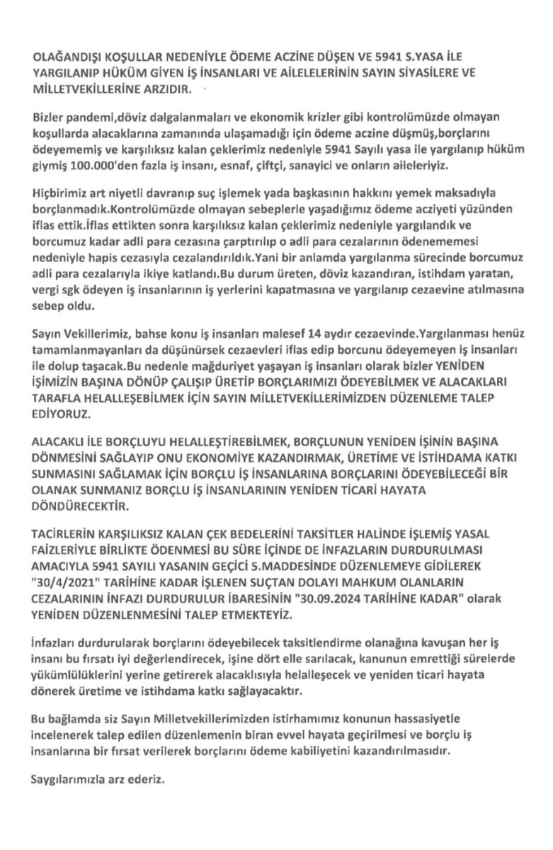 GamzeserapBir's tweet photo. @avabdullahguler Sayın @avabdullahguler  5941 S.yasa ile hüküm giymiş #çekmağduru iş insanları ve aileleri olarak Sayın Devlet büyüklerimize arz ederiz https://t.co/8vkNj4EjnY