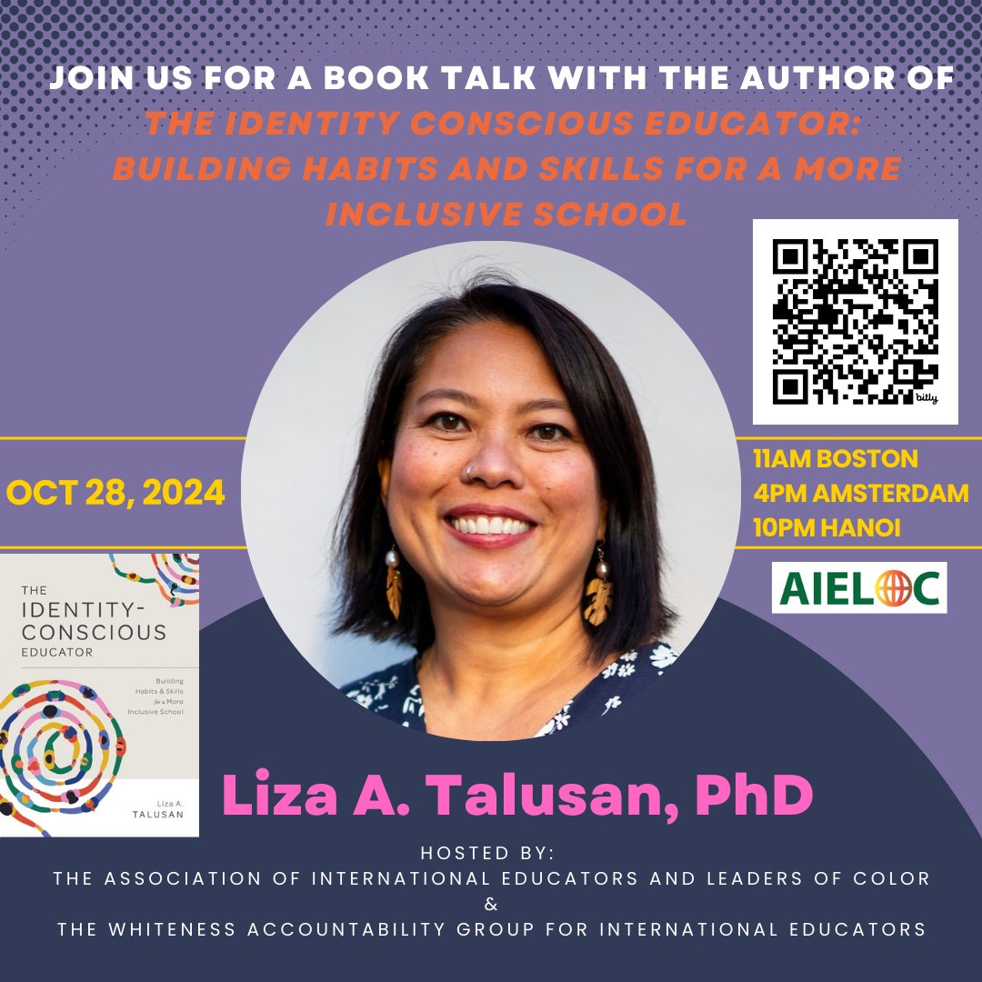 Join us tomorrow to learn about being an identity-conscious educator with Dr. Liza A. Talusan
This is a collab event between the Whiteness Accountability Group for International Educators and <a href="/GlobalKdsl/">KDSLGlobal and AIELOC</a> 

All are welcome, register here: us02web.zoom.us/meeting/regist…

@Juan_Sheblak