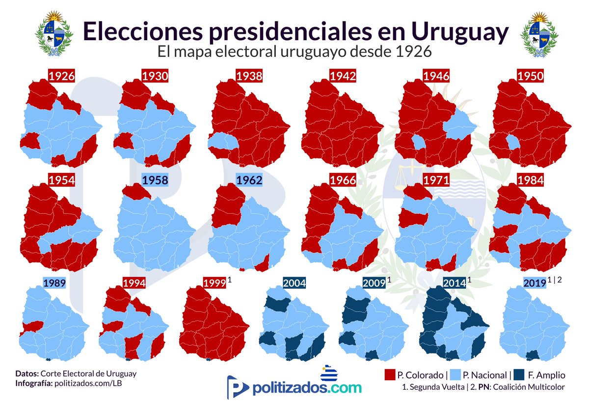🗳️🇺🇾 #Elecciones2024 | El mapa de la elecciones presidenciales en #Uruguay desde 1926: