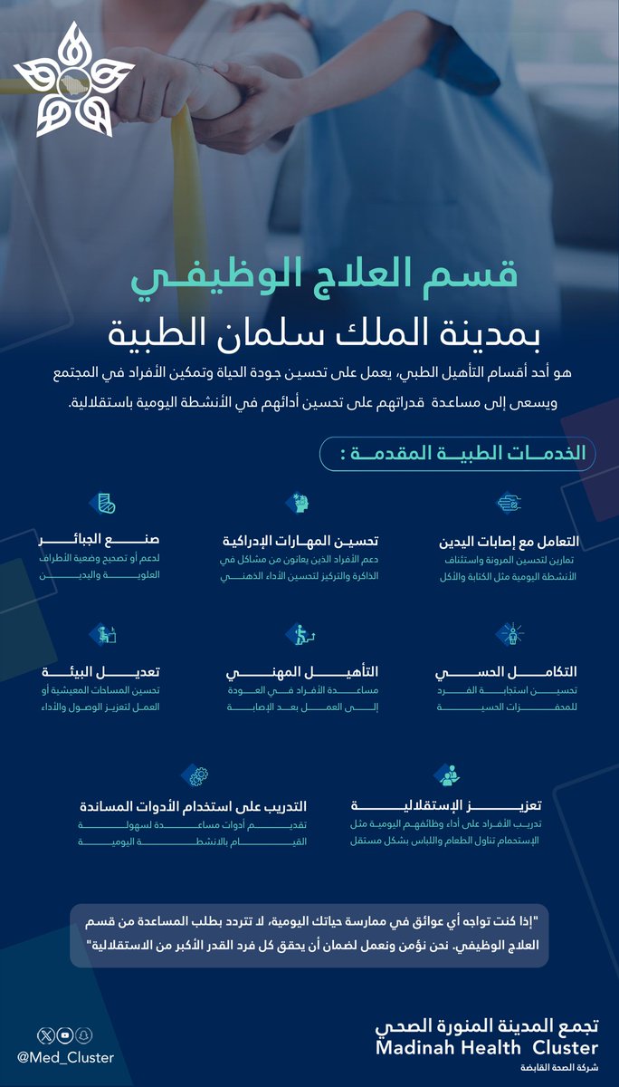 KSAMCMED's tweet photo. قسم العلاج الوظيفي بمدينة الملك سلمان الطبية ، يعمل على تحسين جودة الحياة وتمكين الأفراد في المجتمع ، و يسعى إلى مساعدة قدراتهم على تحسين أدائهم في الأنشطة اليومية باستقلالية.

#اليوم_العالمي_للعلاج_الوظيفي
#تعرف_على_خدماتنا 
#تجمع_المدينة_الصحي https://t.co/8AyjN5PBMb