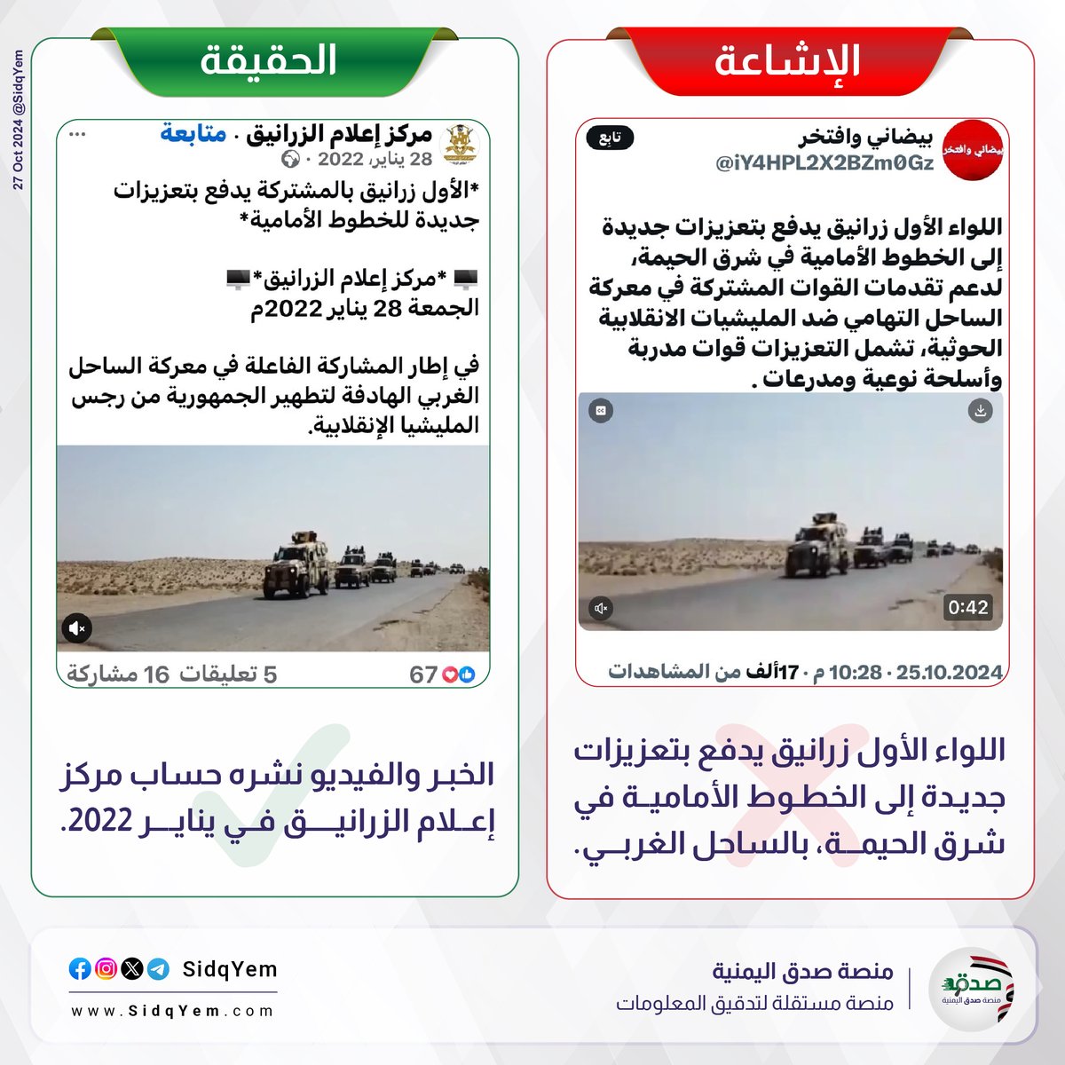 SidqYem's tweet photo. ❌ الإشاعة: فيديو يظهر تعزيزات جديدة للواء الأول زرانيق إلى الخطوط الأمامية في شرق منطقة الحيمة، بالساحل الغربي لليمن.

✅ الحقيقة: الخبر والفيديو نشره حساب "مركز إعلام الزرانيق" على فيسبوك، بتاريخ 28 يناير 2022.

◾24 أكتوبر 2024؛ أعلن اللواء الأول زرانيق عن تمكنه من التصدي لهجمات #الحوثيين على منازل المواطنيين في منطقة الحيمة، والتابعة لمديرية التحيتا، جنوب محافظة الحديدة.

#منصة_صدق_اليمنية
