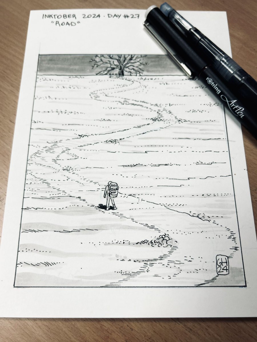 gabrielcomic's tweet photo. “The inevitable truth that the only thing left for me is this road.”#inktober #inktober2024 #inktober522024 #inktober2024day27 #inktober2024camera #ink #artwork #comicbookart #inkonpaper #inktoberchallenge https://t.co/oW2ODSspce