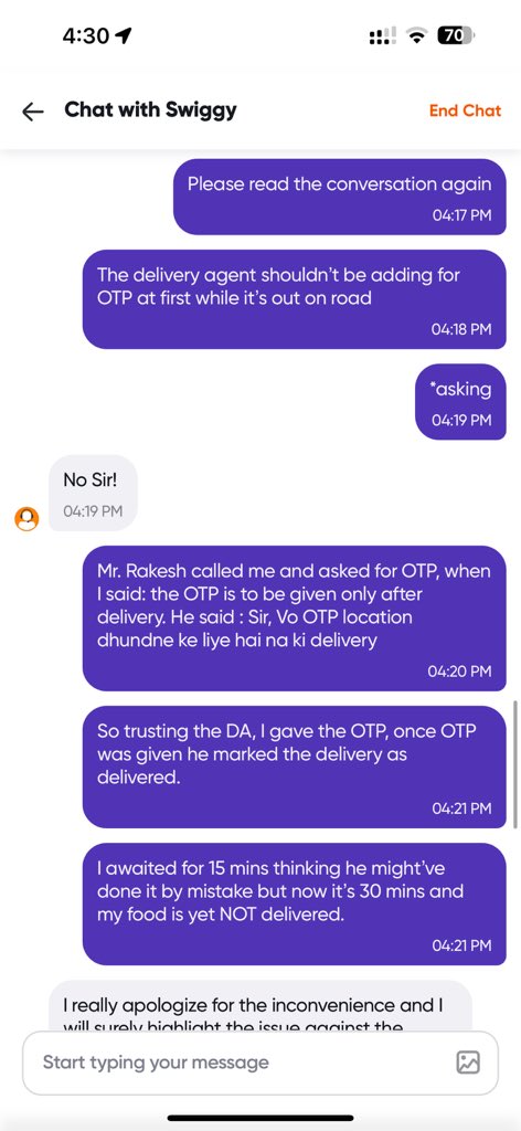 P_1025's tweet photo. @SwiggyCares o I ordered the food today  Order #188992747047229

The DA called and asked for OTP, I informed him that the OTP is to be given after delivery, he responded it’s for address purpose so I gave him. Once OTP was shared he mrkd delivered.CSA DENIED REFUND. https://t.co/LXlvYa6CWD