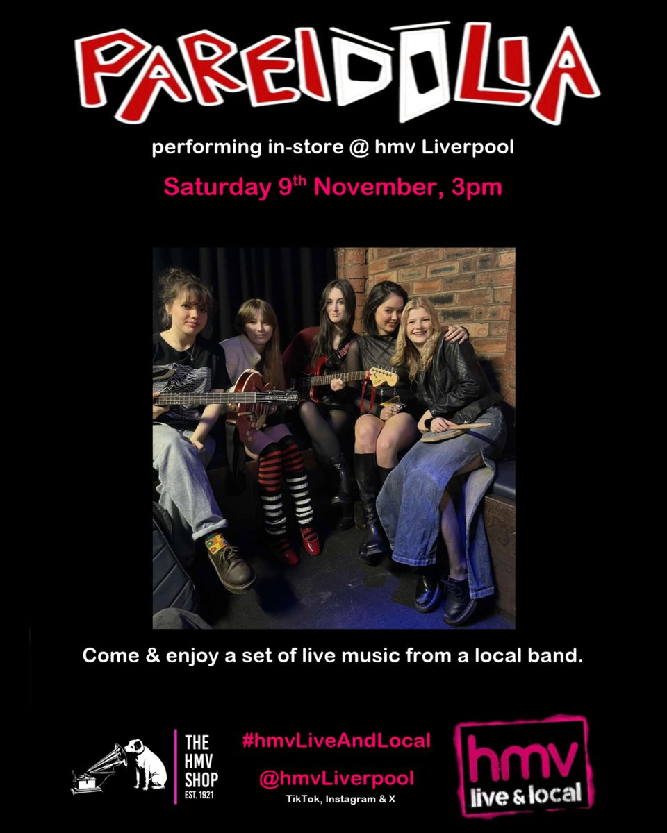 Come &amp; see PAREIDOLIA, performing live in-store on Saturday 9th November @ 3pm!

#hmvLiveAndLocal
#hmvLive
#Liverpool