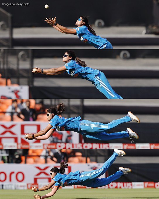 A Stunnnerrrr from Radha Yadav! 🔥  📹 Credits: Twitter/mipaltan