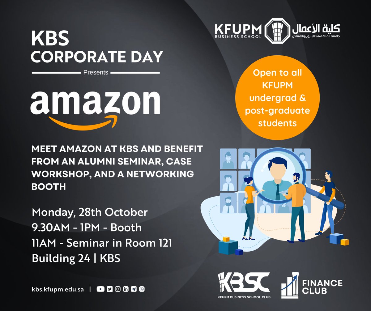 #KBS Corporate Day presents <a href="/AmazonKSA/">Amazon.sa</a> 

We are delighted to host one of the world's top companies at our school. Visit us tomorrow starting 9.30AM where you can find their booth to learn more about landing a career with them. Join us at 11AM for the seminars and workshops.
