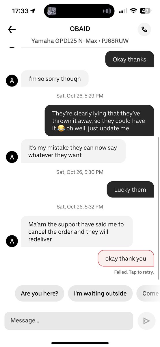 belakaz97's tweet photo. Daylight robbery, from both the person saying they threw it in the bin, to Uber support stating I’m not eligible for a refund 🤣 @Uber_Support https://t.co/yjV2mfJi3y