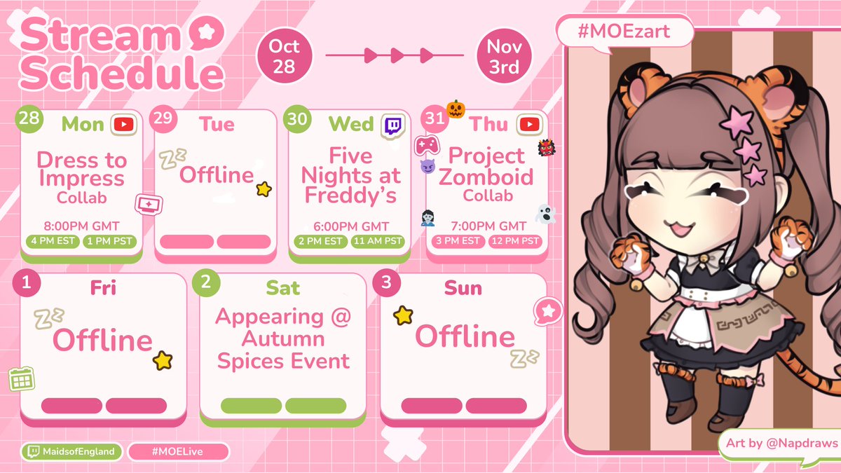 MaidMacaron_MOE's tweet photo. SCHEDULE for 28th to 3rd! ποΈ
IT'S HALLOWEEN WEEK! Are you excited for all our collabs this week? ππ»
#MOELive #Moekaeri https://t.co/k13fu7uu1P