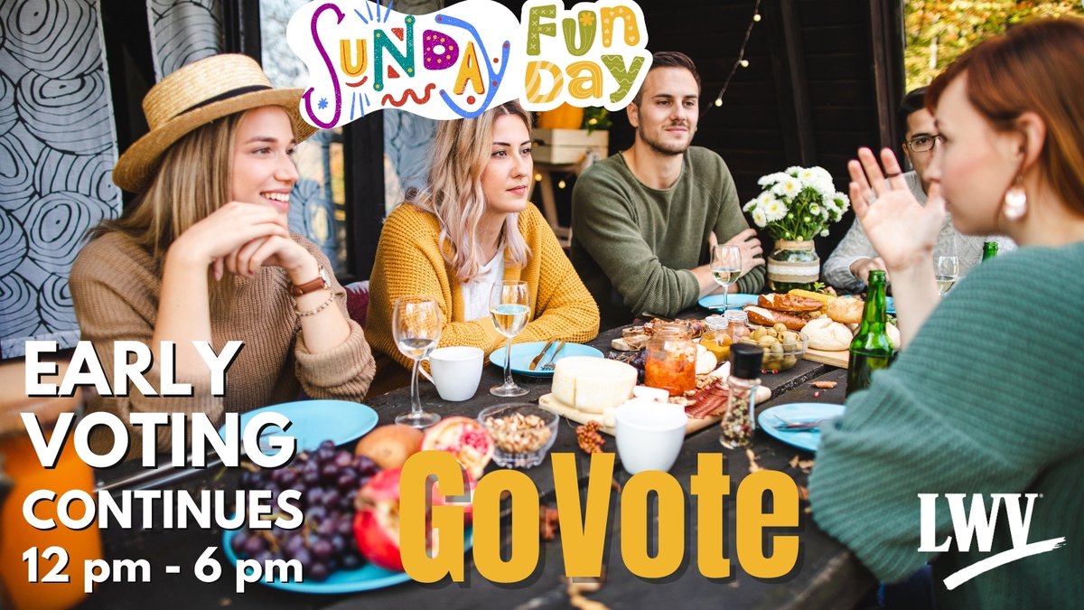 lwvdallastx's tweet photo. It’s Sunday Funday! Want to do something TODAY you can do only ONCE every FOUR years?
VOTE Early!
Polling locations are open TODAY on Sunday from 12 pm – 6 pm.
Fri., Nov. 1 – LAST day of early voting.
Tues., Nov. 5 – Election Day
#LWV #LWVT #LWVD #brunch #SundayFunday https://t.co/3AwijRNBb8
